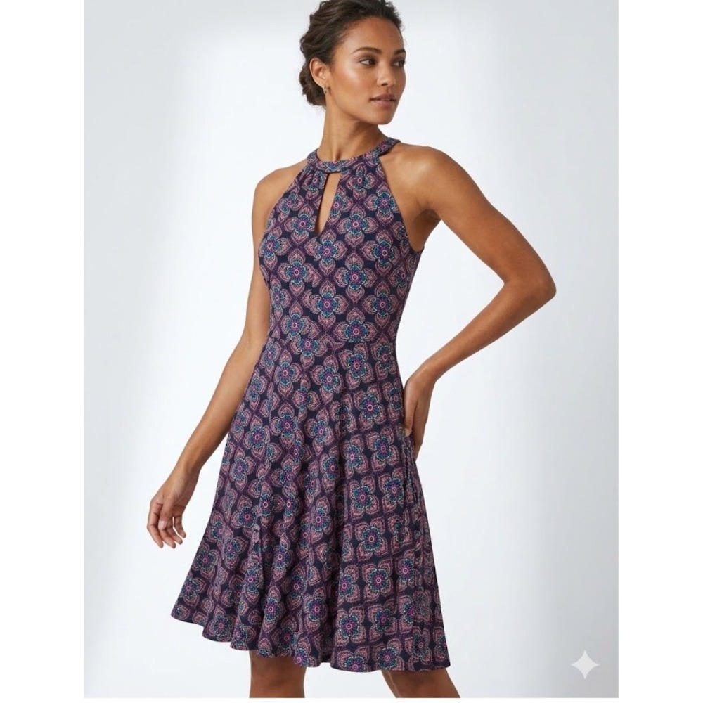 Express Fit and Flare Dress Womens 6 Purple Pink Medallion Halter Keyhole Boho